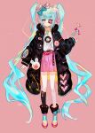  1girl black_jacket black_socks blue_bow blue_eyes blue_hair boots bow candy_wrapper closed_mouth commentary_request eyepatch hair_bow hair_ornament hatsune_miku heart highres jacket juexing_(moemoe3345) kneehighs long_hair long_sleeves open_clothes open_jacket pink_background pink_footwear pink_skirt pleated_skirt puffy_long_sleeves puffy_sleeves rabbit_hair_ornament shirt simple_background skirt sleeves_past_wrists smile socks solo twintails very_long_hair vocaloid white_shirt 