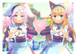  +_+ 2girls animal_ear_fluff animal_ears apron balloon bangs black_dress black_hairband blonde_hair blue_eyes blurry blurry_background blush closed_mouth commentary_request commission copyright_request depth_of_field dress frilled_apron frilled_hairband frills hair_between_eyes hairband heart heart_balloon heart_hands juliet_sleeves kou_hiyoyo long_hair long_sleeves maid multiple_girls puffy_sleeves purple_hair rabbit_ears skeb_commission smile thick_eyebrows very_long_hair violet_eyes virtual_youtuber white_apron 
