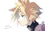  1boy aqua_eyes armor bangs blonde_hair blue_shirt character_name clear_2758 cloud_strife final_fantasy final_fantasy_vii final_fantasy_vii_remake looking_to_the_side male_focus parted_bangs profile shirt short_hair shoulder_armor solo spiky_hair turtleneck twitter_username upper_body white_background 