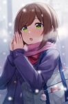  1girl :o bag blush bow bowtie brown_hair coat green_eyes highres idolmaster idolmaster_cinderella_girls kurageso long_sleeves maekawa_miku medium_hair open_mouth outdoors pink_scarf purple_coat red_bow red_bowtie scarf school_bag snowing solo straight_hair 