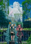  2girls absurdres black_skirt black_thighhighs blue_hair bokura_mada_underground bow bowtie clothes_pin commentary_request detached_sleeves dual_persona green_eyes green_hair hatsune_miku headphones headphones_around_neck highres leo/need_(project_sekai) long_hair long_sleeves luggage multicolored_hair multiple_girls overgrown pink_bow pink_bowtie pink_hair plaid project_sekai railing road_sign ruins safety_pin school_uniform short_sleeves sign skirt streaked_hair thigh-highs turu very_long_hair vocaloid 