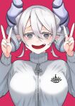 1girl @_@ blush breasts demon_girl demon_horns double_v drill_hair duel_monster fangs grey_eyes highres horns jacket jersey ke-su large_breasts lovely_labrynth_of_the_silver_castle red_background spiral-only_eyes tears track_jacket track_suit upper_body v wavy_mouth white_horns yu-gi-oh!