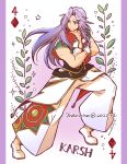  1boy bangs boots character_name chrono_cross collared_shirt crossed_arms full_body gloves highres karsh_(chrono_cross) long_bangs long_hair looking_back looking_to_the_side male_focus maruno muscular muscular_male pants parted_bangs playing_card_theme print_pants purple_hair red_eyes shirt sleeveless sleeveless_shirt solo twitter_username waist_cape white_footwear white_gloves white_pants 