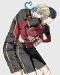  2boys black_hair black_shorts blonde_hair blue_eyes blue_hair blue_lock commentary grey_background highres hug hug_from_behind isagi_yoichi korean_commentary layered_sleeves long_hair long_sleeves looking_at_another male_focus michael_kaiser multicolored_hair multiple_boys open_mouth shirt short_hair short_over_long_sleeves short_sleeves shorts simple_background smile soccer_uniform soccerkiller sportswear standing two-tone_hair 