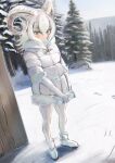  1girl animal_ears bangs blush bodystocking clothes_grab coat colored_inner_hair covered_mouth curled_horns dall_sheep_(kemono_friends) day fisheye fuji_takanasu full_body fur-trimmed_sleeves fur_collar fur_trim hair_between_eyes highres horizontal_pupils horns kemono_friends legs_apart looking_at_viewer medium_hair multicolored_hair outdoors puffy_coat sheep_ears sheep_horns snow solo standing white_hair winter_clothes winter_coat yellow_eyes 