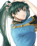  1girl bangs breasts commentary_request delsaber earrings fire_emblem fire_emblem:_the_blazing_blade from_side gold_earrings green_eyes green_hair hands_up highres holding holding_hair jewelry large_breasts lips long_hair looking_at_viewer lyn_(fire_emblem) parted_lips ponytail short_sleeves simple_background solo teeth undershirt upper_body white_background 