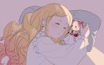  1girl bangs beatrice_(re:zero) blonde_hair character_doll closed_eyes doll fndlwm_re frills korean_commentary light_blush long_hair long_sleeves lying on_side parted_bangs parted_lips pillow puffy_long_sleeves puffy_sleeves re:zero_kara_hajimeru_isekai_seikatsu sidelocks sleeping solo stuffed_toy upper_body 