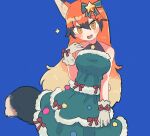  1girl animal_ears bare_shoulders black_choker blush bow brown_hair choker christmas_tree_costume commentary_request dress fox_ears fox_girl fox_tail fur_trim gloves green_dress hair_between_eyes hair_bow hasu_(zatsugami) highres jewelry kemono_friends kemono_friends_3 long_hair looking_at_viewer multicolored_hair necklace official_alternate_costume orange_eyes orange_hair red_fox_(kemono_friends) sidelocks sleeveless solo star_(symbol) star_necklace tail white_gloves 