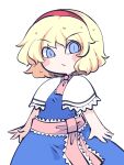  1girl alice_margatroid blonde_hair blue_dress blue_eyes blush_stickers capelet closed_mouth dress fried_rice0614 hairband highres one-hour_drawing_challenge red_hairband short_hair short_sleeves simple_background solo touhou upper_body white_background white_capelet 