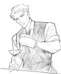 1boy bluevalient cocktail_glass cocktail_shaker collared_shirt cup drinking_glass english_commentary highres holding jujutsu_kaisen male_focus monochrome nanami_kento shirt short_hair sleeves_rolled_up solo standing upper_body vest 