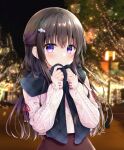  1girl aran_sweater bangs black_hair black_scarf blurry blurry_background blush brown_skirt cable_knit christmas_tree closed_mouth clothing_cutout commentary_request depth_of_field hair_between_eyes hands_up holding holding_clothes holding_scarf lamppost long_sleeves looking_at_viewer murasaki_(murasakiiro_no_yoru) night night_sky original pink_sweater plaid plaid_scarf puffy_long_sleeves puffy_sleeves scarf shoulder_cutout skirt sky sleeves_past_wrists smile solo sweater violet_eyes 