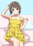  1girl bangs blue_background blush breasts camisole collarbone commentary couch hands_up highres kousuke0912 light_brown_hair looking_at_viewer love_live! love_live!_nijigasaki_high_school_idol_club nakasu_kasumi on_couch pillow pink_eyes polka_dot_camisole pulled_by_self short_hair sitting small_breasts smile solo strap_pull thighs v-shaped_eyebrows yellow_camisole 