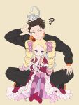 1boy 1girl ? animal animal_on_head bangs beatrice_(re:zero) black_footwear black_jacket black_pants blonde_hair blue_eyes bow brown_eyes brown_hair butterfly-shaped_pupils capelet commentary crown dress dress_bow drill_hair fndlwm_re frilled_dress frilled_sleeves frills full_body fur-trimmed_capelet fur_trim hair_ribbon hand_in_own_hair highres jacket long_hair long_sleeves looking_to_the_side mini_crown multicolored_clothes multicolored_jacket natsuki_subaru neck_ribbon on_head pants parted_bangs pink_bow pink_ribbon puck_(re:zero) re:zero_kara_hajimeru_isekai_seikatsu red_capelet red_dress ribbon scratching_head shoes short_hair sidelocks simple_background sitting sitting_on_lap sitting_on_person sneakers swirl symbol-only_commentary thigh-highs thinking track_jacket track_pants twin_drills two-tone_jacket white_jacket wide_sleeves yellow_background 