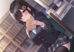  1girl bangs black_hair black_jacket black_thighhighs blazer blue_eyes blurry blurry_background blush book book_stack bookshelf breasts closed_mouth commentary_request depth_of_field flower grey_skirt hair_between_eyes hair_flower hair_ornament hands_up highres holding holding_book indoors jacket long_sleeves looking_at_viewer medium_breasts nail_polish on_chair open_book original pink_nails plaid plaid_skirt pleated_skirt school_uniform shirt sitting skirt smile solo sunflower_hair_ornament sweater_vest thigh-highs toyosaki_shu white_shirt yellow_flower 