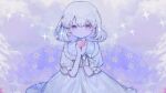  1girl blue_eyes blush daisy dress expressionless flower hair_flower hair_ornament heart highres looking_at_viewer mercure_1104 original own_hands_together ribbon short_hair solo sparkle straight-on upper_body white_dress white_hair white_ribbon wrist_ribbon 
