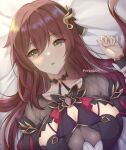 1girl :o artist_name bangs bed breasts cleavage close-up dress eden_(honkai_impact) from_above hair_ornament honkai_(series) honkai_impact_3rd large_breasts long_hair long_sleeves looking_at_viewer lying on_back open_mouth perkiik05 purple_dress redhead solo yellow_eyes
