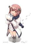 1girl boots brown_eyes brown_hair coat dress footprints grey_footwear kantai_collection one-hour_drawing_challenge open_mouth ray.s round_teeth scarf short_hair solo speaking_tube_headset teeth upper_teeth_only white_coat white_dress white_mittens white_scarf yukikaze_(kancolle) 