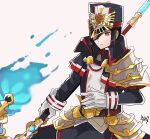  1girl armor bangs black_pants brown_eyes brown_hair closed_mouth gloves hat holding holding_polearm holding_weapon long_sleeves military military_hat military_uniform morag_ladair_(xenoblade) pants pauldrons polearm rem_(eyes_410) shoulder_armor simple_background single_pauldron solo uniform upper_body weapon white_background white_gloves xenoblade_chronicles_(series) xenoblade_chronicles_2 
