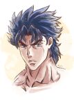  1boy absurdres artist_name blue_eyes blue_hair collarbone faux_traditional_media frown highres jojo_no_kimyou_na_bouken jonathan_joestar male_focus official_style phantom_blood portrait remyfive serious signature solo watercolor_effect 