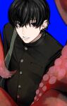  1boy bag bangs black_hair black_jacket blue_background chainsaw_man gakuran highres jacket looking_at_viewer looking_up male_focus mole mole_under_mouth multiple_piercings nipple_piercing octopus_devil_(chainsaw_man) open_mouth piercing sailen0 school_uniform short_hair shoulder_bag simple_background solo tentacles yoshida_hirofumi 