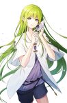  1other absurdres androgynous artist_name bangs black_ribbon blue_shorts commentary conch contrapposto cowboy_shot ede enkidu_(fate) eyelashes fate/grand_order fate_(series) floating_hair green_eyes green_hair hair_between_eyes hands_up highres holding long_hair looking_at_viewer open_clothes open_robe other_focus parted_lips purple_shirt ribbon robe seashell shell shirt short_shorts short_sleeves shorts sidelocks simple_background smile solo standing teeth twitter_username very_long_hair white_background white_robe wide_sleeves 