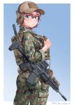  1girl absurdres artist_name ass blue_background blue_eyes border breasts brown_hair brown_headwear camouflage camouflage_jacket camouflage_pants gun hat highres holding holding_gun holding_weapon howa_type_20 jacket looking_at_viewer looking_back military military_hat military_uniform original pants short_hair solo uniform waruzamurai weapon white_border woodland_camouflage 