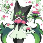  :d claws commentary fang highres looking_at_viewer meowscarada no_humans open_mouth pink_eyes pokemon pokemon_(creature) signature smile sprigatito teru_(245_neko) tongue white_background 