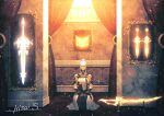  1girl au_ra avatar_(ff14) bangs book bracer closed_mouth combat_knife dress final_fantasy final_fantasy_xiv full_body glowing glowing_weapon greatsword hand_rest highres horns indoors knife looking_at_viewer scales seiza sitting sleeveless sleeveless_dress solo sumeragi_hisui sword weapon white_hair 