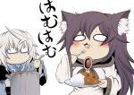  1boy 1girl ahoge breasts chibi commentary_request cookie curry curry_rice eating food glasses hidefu_kitayan highres imaizumi_kagerou morichika_rinnosuke plate rice simple_background spoon touhou translation_request 