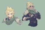  1boy armor black_gloves blonde_hair blue_eyes blue_shirt cloud_strife crisis_core_final_fantasy_vii final_fantasy final_fantasy_vii gloves green_background green_scarf harness looking_at_viewer male_focus multiple_views parted_lips rolling_eyes scarf shirt short_hair shoulder_armor solo spiky_hair tpqmsrp upper_body 