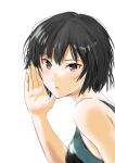  1girl amagami bangs black_hair black_one-piece_swimsuit blue_one-piece_swimsuit brown_eyes close-up commentary competition_swimsuit from_side hair_between_eyes hand_to_own_face hand_up light_blush looking_at_viewer looking_to_the_side murasaki_iro nanasaki_ai one-piece_swimsuit open_mouth portrait short_hair simple_background solo swimsuit whispering white_background 