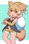  1girl alternate_costume animal_ears bell black_vest blonde_hair blush bow bowtie brown_headwear brown_shorts coattails commentary_request cowboy_shot coyote_(kemono_friends) extra_ears fur_trim hat highres kemono_friends looking_at_viewer midriff_peek multicolored_hair navel neck_bell numazoko_namazu red_bow red_bowtie santa_hat short_hair short_shorts shorts sleeveless solo tail vest white_hair wolf_ears wolf_girl wolf_tail yellow_eyes 