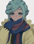  1boy blue_mittens blue_scarf blush closed_mouth commentary_request green_eyes green_hair grusha_(pokemon) hand_up ikuta_za jacket long_hair long_sleeves male_focus pokemon pokemon_(game) pokemon_sv scarf simple_background solo striped striped_scarf upper_body white_background yellow_jacket 