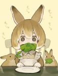  1girl absurdres animal_ears apron black_eyes bright_pupils brown_hair chair eating food_in_mouth highres looking_at_viewer original rabbit rabbit_ears rabbit_girl sakutake_(ue3sayu) salad short_hair sitting table upper_body white_pupils yellow_background 