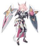  1girl armor armored_boots bangs black_bodysuit blush bodysuit boots breastplate full_body goddess_of_victory:_nikke hair_ornament hand_to_own_mouth headgear looking_at_viewer noah_(nikke) official_art open_mouth pink_eyes pink_hair pointing short_hair shoulder_armor simple_background smug solo standing thigh_boots urorong white_background 