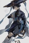  1boy bishounen black_hair blue_eyes feathers genshin_impact hat highres japanese_clothes looking_at_viewer male_focus scaramouche_(genshin_impact) short_hair shorts simple_background solo vidoakdame vision_(genshin_impact) wanderer_(genshin_impact) white_background 