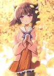  1girl autumn autumn_leaves bangs blunt_bangs blurry blurry_foreground blush brown_hair dress hair_ornament head_tilt highres long_sleeves looking_at_viewer mitsugushi_yuu own_hands_clasped own_hands_together pantyhose parted_lips pink_eyes sailor_collar sailor_dress short_hair solo touhoku_kiritan voiceroid wind 