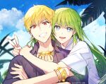 1boy 1other androgynous artist_name bangs bird blonde_hair blue_sky bracelet clouds collared_shirt commentary crossed_arms day earrings ede enkidu_(fate) eyelashes fate/grand_order fate_(series) floating_hair gilgamesh_(fate) gold_earrings gold_necklace grass green_eyes green_hair grin hair_between_eyes hand_up highres hug jewelry leaf long_hair looking_at_viewer necklace open_mouth outdoors palm_tree plant purple_shirt red_eyes round_teeth shirt short_hair short_sleeves sky smile teeth tongue tree twitter_username upper_body v very_long_hair white_shirt wing_collar 