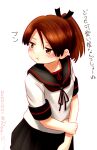  1girl black_sailor_collar black_skirt brown_eyes brown_hair commentary_request holding_own_arm kantai_collection looking_back one-hour_drawing_challenge pleated_skirt ponytail pout ray.s sailor_collar sailor_shirt school_uniform serafuku shikinami_(kancolle) shikinami_kai_ni_(kancolle) shirt short_hair short_sleeves simple_background skirt solo translation_request white_background white_shirt 