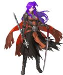  1girl armor armored_boots bangs belt boots breastplate breasts cape closed_mouth fire_emblem fire_emblem:_three_houses fire_emblem_heroes fire_emblem_warriors:_three_hopes full_body gauntlets hair_over_one_eye highres holding holding_weapon long_hair looking_at_viewer medium_breasts multiple_belts non-web_source noy official_art pelvic_curtain purple_hair reverse_grip shez_(fire_emblem) shez_(fire_emblem)_(female) shiny shiny_hair solo sword transparent_background violet_eyes weapon 