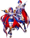  1boy 1girl alear_(fire_emblem) alear_(fire_emblem)_(female) alear_(fire_emblem)_(male) blue_eyes blue_hair cape fire_emblem fire_emblem_engage heterochromia highres holding holding_sword holding_weapon long_hair medium_hair mika_pikazo multicolored_hair official_art red_eyes redhead sword tachi-e transparent_background weapon 