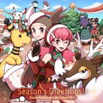  1boy 5girls ;d absurdres ampharos bangs brown_gloves brown_hair christmas christmas_tree closed_mouth clouds commentary copyright_name day detached_sleeves dress english_commentary erika_(holiday_2020)_(pokemon) erika_(pokemon) eyelashes gloves hat highres jasmine_(holiday_2022)_(pokemon) jasmine_(pokemon) leon_(holiday_2021)_(pokemon) leon_(pokemon) long_hair multiple_girls official_alternate_costume official_art one_eye_closed open_mouth outdoors pink_hair poke_ball poke_ball_(basic) pokemon pokemon_(game) pokemon_masters_ex red_dress riding riding_pokemon rosa_(holiday_2019)_(pokemon) rosa_(pokemon) sawsbuck sawsbuck_(winter) scarf shorts sky skyla_(holiday_2020)_(pokemon) skyla_(pokemon) smile snow snow_sculpture togekiss tongue touyarokii twintails violet_eyes watermark white_shorts whitney_(holiday_2022)_(pokemon) whitney_(pokemon) 