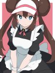  1girl alternate_costume apron bangs black_dress blue_eyes blush breasts bright_pupils brown_hair closed_mouth commentary_request double_bun doughnut_hair_bun dress enmaided frown hair_bun highres kuma_(pmnt3825) long_hair looking_at_viewer maid neck_ribbon pink_background pink_ribbon pokemon pokemon_(game) pokemon_bw2 ribbon rosa_(pokemon) short_sleeves solo twintails visor_cap white_apron white_pupils wrist_cuffs 