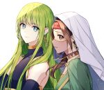  1girl 1other androgynous arabian_clothes artist_name bangs bare_shoulders black_gloves black_shirt blush brown_eyes brown_hair closed_mouth commentary earrings ede elbow_gloves enkidu_(fate) eyelashes fate/grand_order fate_(series) fingerless_gloves gloves gold_earrings gold_trim green_eyes green_hair hair_over_shoulder headband highres hoop_earrings jewelry light_particles long_hair looking_at_viewer low_ponytail mouth_veil neck_ring necklace parted_bangs parted_lips ponytail profile red_headband see-through shirt sidelocks sideways_glance siduri_(fate) simple_background sleeveless sleeveless_shirt smile turtleneck twitter_username upper_body veil white_background white_hood 