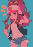 1girl antenna_hair arm_up armpits artist_name bangs black_vest blue_background blue_eyes blue_shorts blush breasts brown_hair closed_mouth collarbone grey_headwear grey_shirt hair_between_eyes hand_on_hip hand_up hat highres hilda_(pokemon) long_hair looking_at_viewer medium_breasts menma_(enaic31) multicolored_hair open_clothes open_vest pink_hair pink_headwear pokemon ponytail shirt short_shorts shorts sidelocks simple_background sleeveless sleeveless_shirt smile solo standing t-shirt two-tone_hair vest watermark wristband 