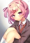  1girl :&lt; artist_name bangs blazer blush brown_sweater_vest commentary doki_doki_literature_club dress_shirt gradient gradient_background grey_jacket hair_ornament hair_ribbon hugging_own_legs jacket knees_up light_frown looking_at_viewer natsuki_(doki_doki_literature_club) neck_ribbon on_ground pink_eyes pink_hair red_ribbon ribbon school_uniform shirt signature sitting socks solo sunabasan sweatdrop sweater_vest swept_bangs tsundere two_side_up upturned_eyes v-shaped_eyebrows white_background white_shirt white_socks x_hair_ornament 