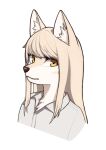  1girl :3 animal_ear_fluff animal_ears animal_nose artist_name bangs blonde_hair body_fur buttons closed_mouth collared_shirt commentary english_commentary facial_mark fox_ears fox_girl furry grey_shirt highres jeifier_(korfiorano01) long_hair looking_at_viewer mixed-language_commentary original portrait romaji_commentary shirt sidelocks signature simple_background snout solo swept_bangs two-tone_fur white_background white_fur yellow_eyes yellow_fur 