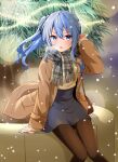  1girl absurdres bangs black_pantyhose blue_eyes blue_hair blue_nails bow brown_coat coat felutiahime floating_hair grey_scarf grey_skirt hair_between_eyes hair_bow high-waist_skirt highres hololive hoshimachi_suisei long_hair long_sleeves looking_at_viewer miniskirt nail_polish open_clothes open_coat open_mouth outdoors pantyhose plaid plaid_scarf ribbed_sweater scarf shiny shiny_hair side_ponytail sitting skirt snowing solo sweater thigh_gap virtual_youtuber yellow_sweater 
