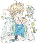  1boy :3 :d absurdres arknights avocado bell_pepper blonde_hair blue_eyes blue_shirt chibi chibi_inset collarbone commentary dog_boy dog_tags english_commentary eyewear_on_head food fruit highres holding holding_food infection_monitor_(arknights) jacket jewelry kaninn knife lemon lime_(fruit) lime_slice male_focus necklace onion open_mouth see-through see-through_jacket shirt simple_background smile solo taco tequila_(arknights) upper_body white_background white_jacket 