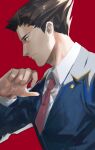  1boy ace_attorney black_eyes black_hair brown_hair closed_mouth collared_shirt dress_shirt expressionless formal hair_slicked_back hand_up highres isshiki_(1sshiki) long_sleeves looking_to_the_side male_focus necktie phoenix_wright red_background red_necktie shirt short_hair solo spiky_hair upper_body vest white_shirt 